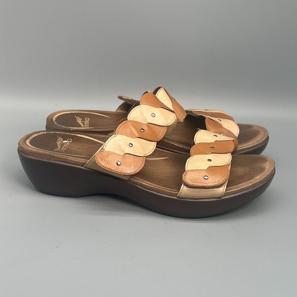 DANSKO Dee Women's 10.5 Brown Leather Slide Sandals Slip-On Open Toe Wedge